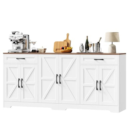 71” Large Sideboard Buffet Cabinet with Storage, Farmhouse Kitchen Buffet Cabinet with Adjustable Shelves and 6 Barn Doors, Wood Coffee Wine Bar Console Table for Kitchen, Dining Room, White
