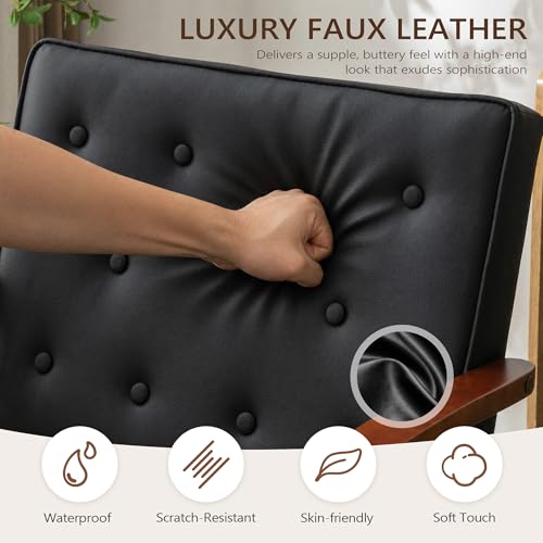 Mid-Century Retro Modern Solid Wood Armrest Black Accent Chairs Set of 2, Faux Leather Arm Chairs for Living Room, Waiting Room Chairs (2, Black)