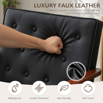 Mid-Century Retro Modern Solid Wood Armrest Black Accent Chairs Set of 2, Faux Leather Arm Chairs for Living Room, Waiting Room Chairs (2, Black)