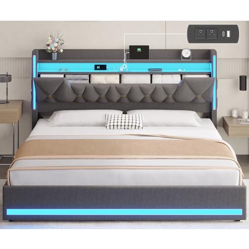 California King Bed Frames with Storage Headboard and LED Lights, view 2