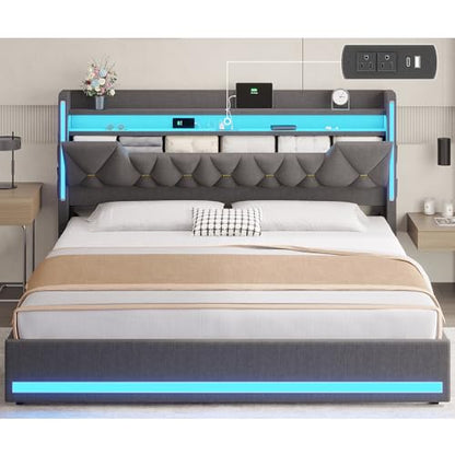 California King Bed Frames with Storage Headboard and LED Lights, view 2