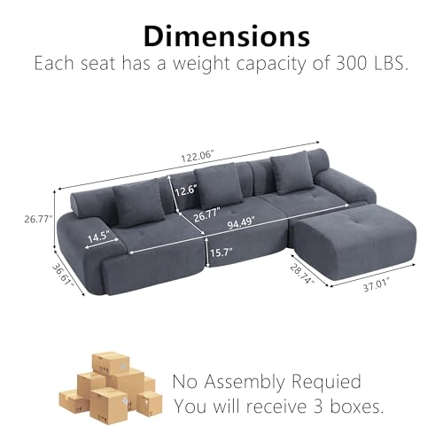 122 Inch Modular Sectional Sofa, Premium Corduroy Cloud Couch with Ottoman, 1200lbs Capacity Heavy Duty Deep Seat Sectional, High-Density Foam (Gray, 3 Seater & 1 Ottoman)