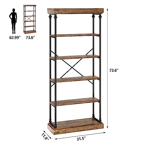 6 Tier Bookshelf Industrial Bookcase Wood Tall Standing Bookshelves Wood Vintage Display Rack Rustic Bookshelf