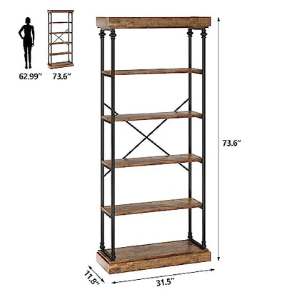 6 Tier Bookshelf Industrial Bookcase Wood Tall Standing Bookshelves Wood Vintage Display Rack Rustic Bookshelf