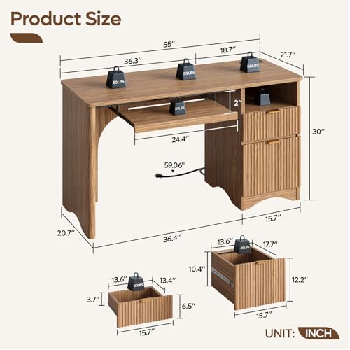55 Inch Computer Desk with Drawers, Power Outlet, Brown Oak, view 3