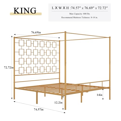 King Size Canopy Bed Frame, Four-Poster Platform Bed with Metal Slats Support, view 3