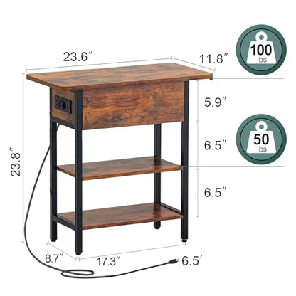 End Table with Charging Station, Flip Top Side Table with USB Ports and Outlets, Sofa Couch Table Bedside Table for Living Room Bedroom, Narrow Nightstand with Storage Shelves for Small Space