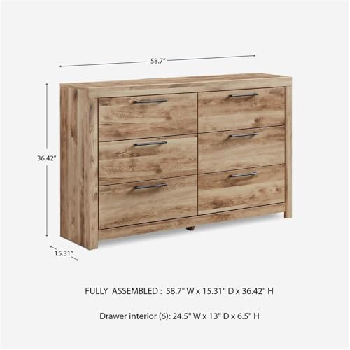 6-Drawer Farmhouse Dresser, Light Brown Rustic Finish, Gunmetal Handles, Engineered Wood Construction, Horizontal Design, 36.42" H x 58.7" W x 15.31" D, Bedroom Storage Furniture