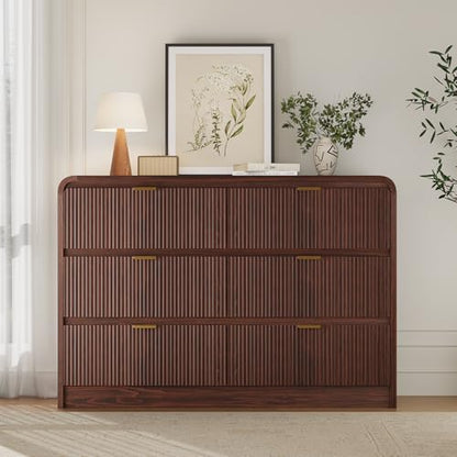 Fluted 6 Drawers Dresser for Bedroom, 54" Wide Wooden Dresser with Metal Handle, view 2