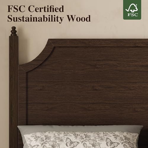 Wood Queen Size Bed Frame with Vintage Curved Headboard, Walnut, view 4