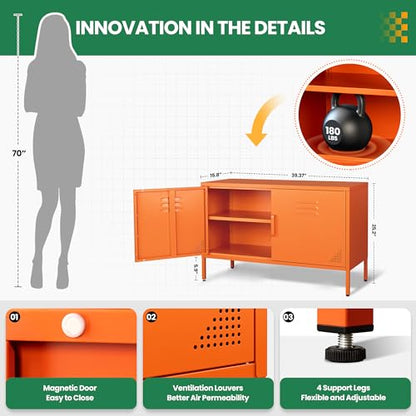 Orange Metal Storage Cabinet with 2 Doors and Adjustable Shelves, view 3