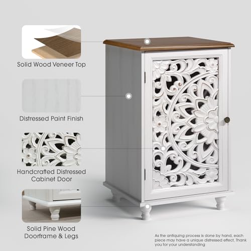 Boho Small Buffet Cabinet with Hand-Carved Mandala Door, 17" Coffee Bar Station with Adjustable Shelf, Distressed White Accent Storage Cabinet for Small Spaces, Kitchen, Dining Room