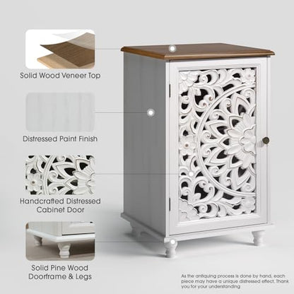 Boho Small Buffet Cabinet with Hand-Carved Mandala Door, 17" Coffee Bar Station with Adjustable Shelf, Distressed White Accent Storage Cabinet for Small Spaces, Kitchen, Dining Room
