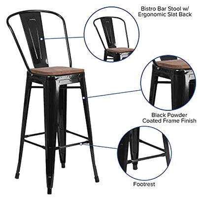 Lily 30" High Black Metal Barstool with Vertical Slat Back and Wood Seat