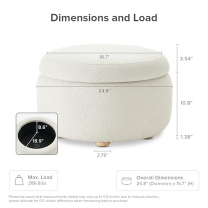 Luna Round Ottoman with Storage and Tray, Round Coffee Table with Storage, Upholstered Foot Stools Ottoman for Living Room, Bedroom, with Solid Rubberwood Legs (Pearl White Performance Boucle)