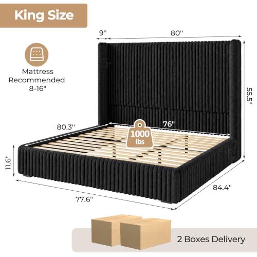 King Size 55" Tall Upholstered Bed Frame with Wingback Headboard, view 3