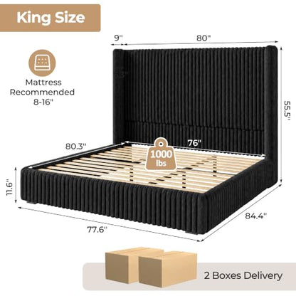 King Size 55" Tall Upholstered Bed Frame with Wingback Headboard, view 3