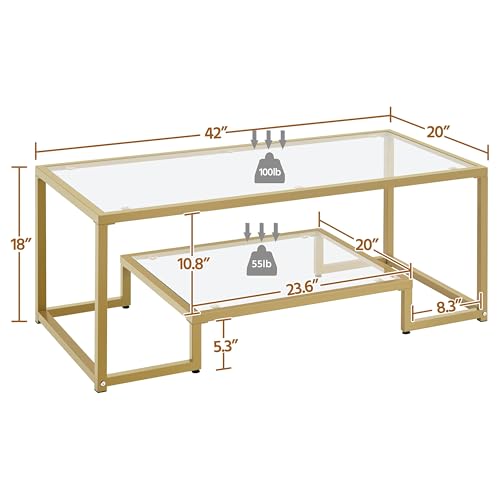 Yaheetech Gold Coffee Table, 42" Rectangular Glass Coffee Table for Living Room, 2-Tier Living Room Tables with Storage Center Tea Tables with Metal Frame for Small Space, Apartment, Office