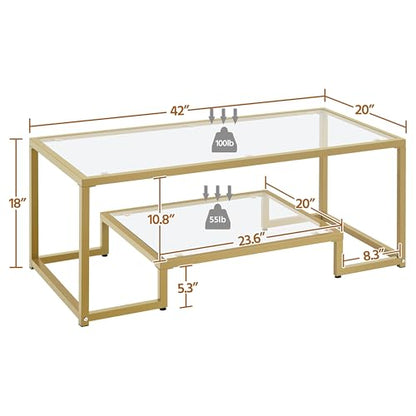 Yaheetech Gold Coffee Table, 42" Rectangular Glass Coffee Table for Living Room, 2-Tier Living Room Tables with Storage Center Tea Tables with Metal Frame for Small Space, Apartment, Office
