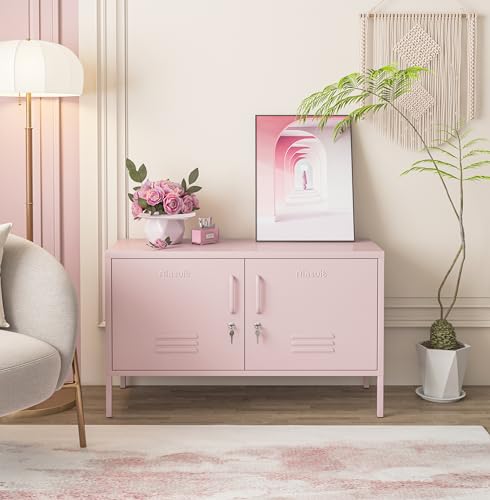 Pink 2-Door Wide Lockable Metal Storage Cabinet, TV Stand & Media Console, view 3