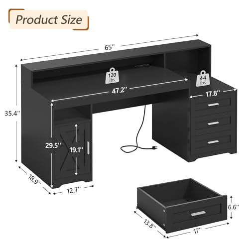 65" Farmhouse Computer Desk with Drawers and Printer Stand for Home Office, view 3