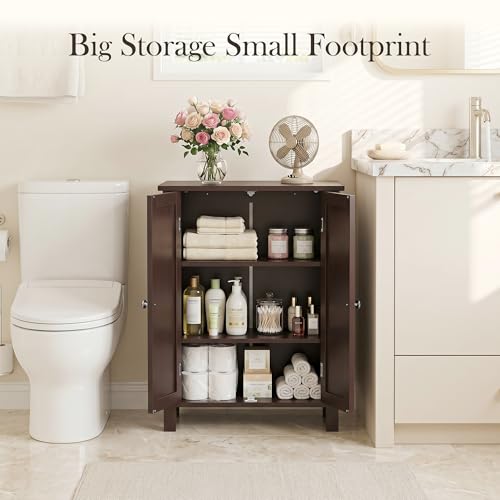 Modern Bathroom Floor Storage Cabinet with Adjustable Shelf and Double Door Rust Proof, Living Room Modern Home Furniture Storage Organizer Cabinet, Brown