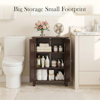 Modern Bathroom Floor Storage Cabinet with Adjustable Shelf and Double Door Rust Proof, Living Room Modern Home Furniture Storage Organizer Cabinet, Brown
