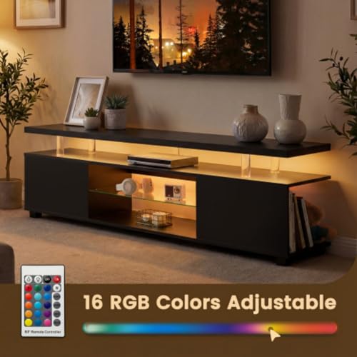 Black TV Stand,LED for Living Room,Glass Entertainment Center TV Stand, TV Console Tables for Living Room,Bedroom,Home Office (White)