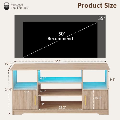 TV Stand for 55 inch with LED Light & Charging Station, Natural, view 3