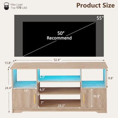 TV Stand for 55 inch with LED Light & Charging Station, Natural, view 3