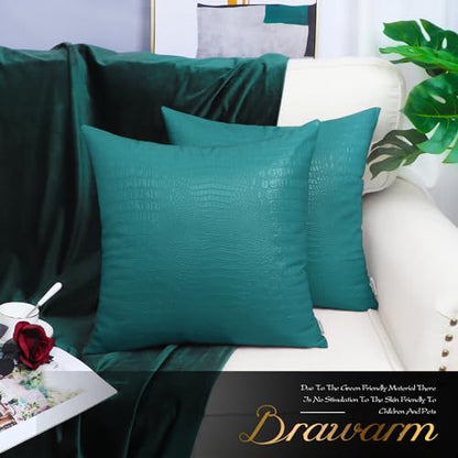 Faux Leather Pillow Covers 18 X 18 Inches, Teal Leather Pillow Covers Pack of 2, Crocodile Leather Decorative Throw Pillows for Living Room Couch Bed Sofa Home