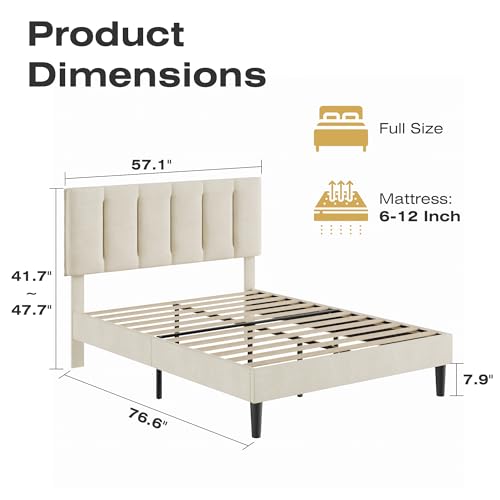 Full Size Bed Frame with Upholstered Headboard, Pale Beige, view 3