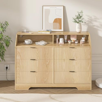 Women Bedroom Furniture Set of 2 Fluted Dresser and Makeup Vanity Desk with Charging Station Wood Dressing Table with 3 Lighting Modes and Accent Fluted Drawer Dresser for Women's Bedroom