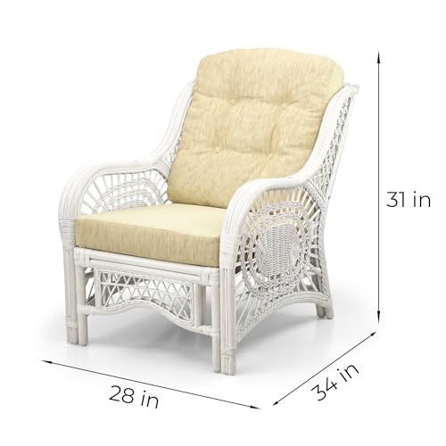 Malibu Lounge Set of 2 Natural ECO Rattan Wicker Chairs, Loveseat with Cream Cushion and Coffee Table w/Glass Handmade, White Color