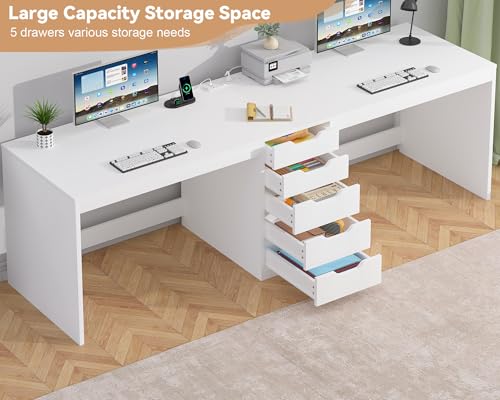 2 Person Desk with 5 Drawers and Power Outlets, 78.7 Inch Long Computer Desk with Storage File Cabinet, Two Person Home Office Double Desk with Storage, White