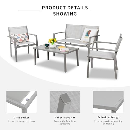 4 Pieces Patio Furniture Set All Weather Textile Fabric Outdoor Conversation Set, with Glass Coffee Table, Loveseat, 2 Single Chairs for Home, Garden, Lawn, Porch（Silver）
