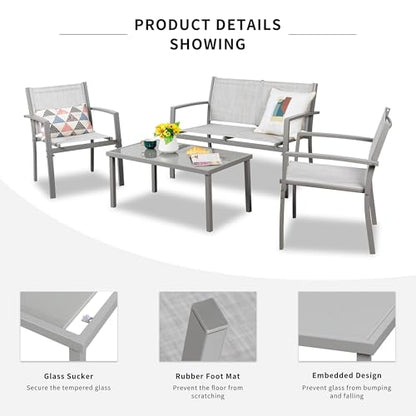 4 Pieces Patio Furniture Set All Weather Textile Fabric Outdoor Conversation Set, with Glass Coffee Table, Loveseat, 2 Single Chairs for Home, Garden, Lawn, Porch（Silver）