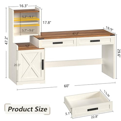 60" Computer Desk with Drawers & Bookshelves for Bedroom, Home Office, view 3