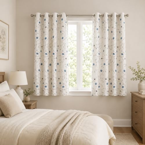 Floral Embroidered Grommet Curtains for Bedroom, 2 Panels, 52 x 63