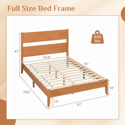 Full Size Wooden Bed Frame with Slatted Headboard (Warm Brown), view 3