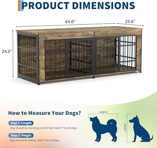 63" Large Wooden Dog Crate Furniture for 2 Dogs, Brown, view 3