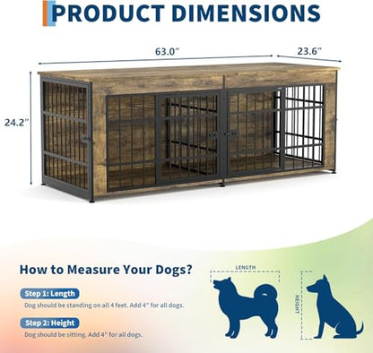 63" Large Wooden Dog Crate Furniture for 2 Dogs, Brown, view 3