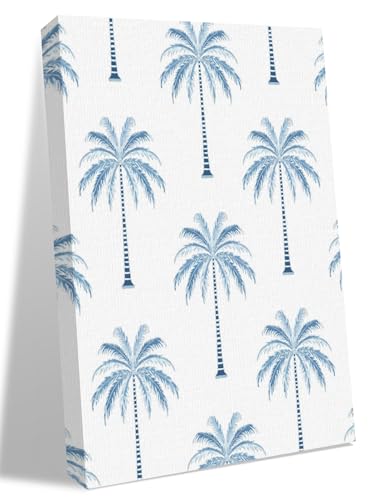 NuYeBiofx Summer Palm Tree Seamless Canvas Wall Art Prints,48"x32" Framed Picture Artwork Beach Navy Blue Botanical Printed Canvas Oil Painting for Living Room Bedroom Office,Ready to Hang