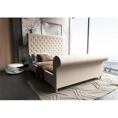 Eden Home Mid-Century Upholstered Tufted Full Bed Frame, Fabric Material, Cream Finish, Tall Button Tufted Headboard, Slats Included, 66.3" H x 59.6" W x 95.3" D, Elegant Bedroom Furniture