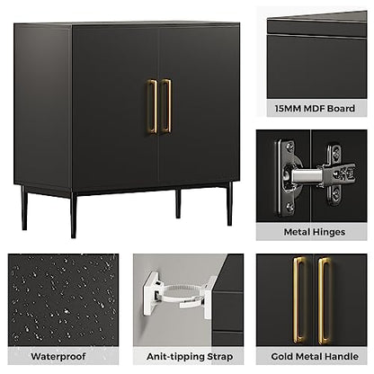 Black Storage Cabinet with Doors, Modern Accent Cabinet, Free Standing Cabinet with Adjustable Shelf, Wooden Buffet Sideboards for Living Room, Kitchen, Dining Room, Entryway