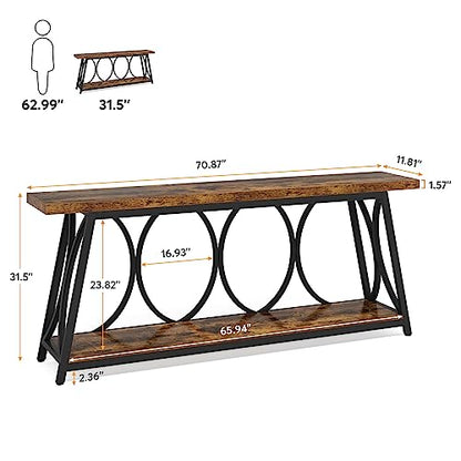 Tribesigns 70.9 inch Extra Long Console Table, Industrial Sofa Table Behind Couch with 2 Tier Storage Shelf, Narrow Entryway Hallway Accent Table for Living Room, Rustic Brown