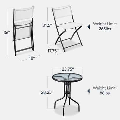 Best Choice Products 3-Piece Patio Bistro Dining Furniture Set w/Textured Glass Tabletop, 2 Steel Folding Chairs, Polyester Fabric - White