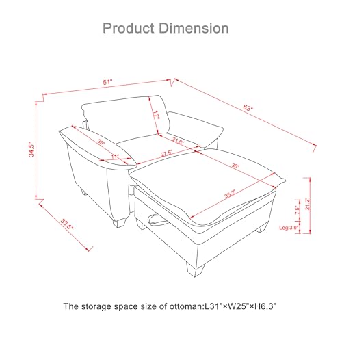 Modern Chaise Lounge Chair with Storage Ottoman, view 4