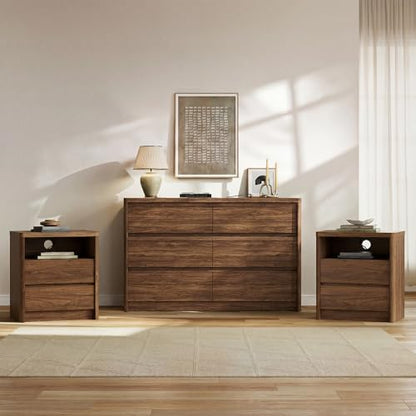 3 Pieces of Dresser and Nightstand Set,47.2 Inch Width 6-Drawer Dresser & 2-Drawer Nightstands Set of 2,Nightstand with USB&Type C Charging Station&Outlets, Modern Design for Bedroom, Walnut