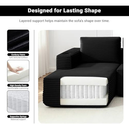 125" Cloud Couch Sectional, Modular Sofa with Cup Holder and Storage Pocket, Corduroy U Shaped Boneless Sofas, Couch in a Box, No Assembly Required, Black Couches for Living Room